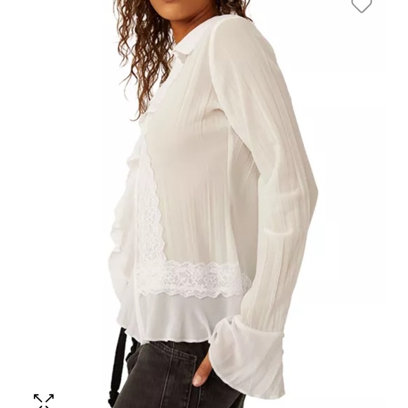 Free People NWT Bad at Love Ruffle & Lace Long Sleeve Button-Up Blouse Medium - Picture 4 of 14